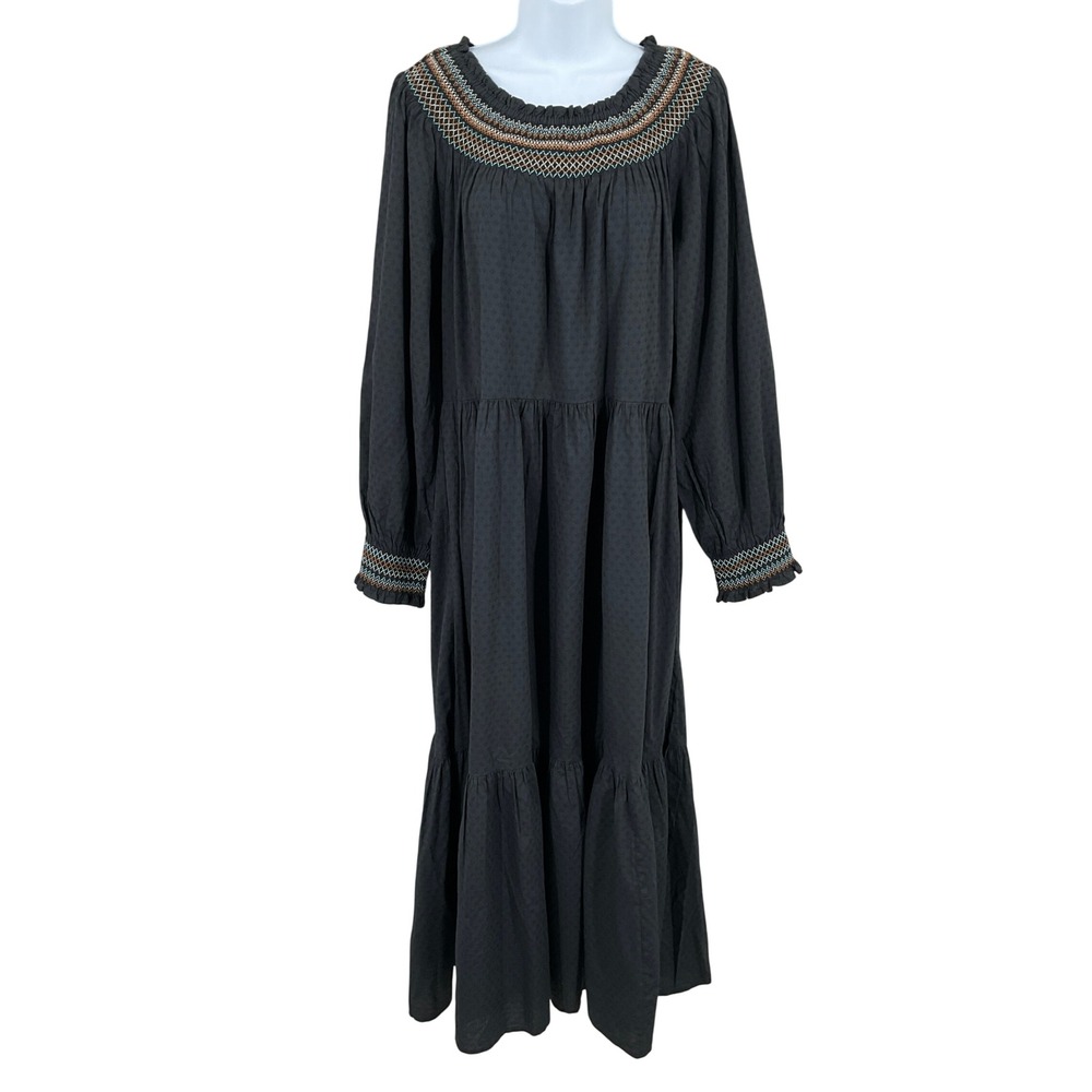 Maxi Dress Sz L Black Embroidered Smocked Tiered Prairie Country Peasant‎ NEW
